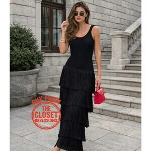 MANGO x SIMON MILLER Knit Maxi Dress Tiered Fringe NWT